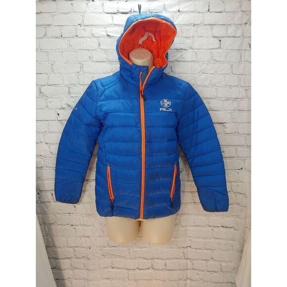 Ralph Lauren RLX 730 Boys Size M Blue/Orange LIGHTWEIGHT Puffer Jacket W/ Hood. - Picture 1 of 7